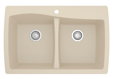 Karran 34" Drop In/Topmount Quartz Composite Kitchen Sink, 50/50 Double Bowl, Bisque, QT-720-BI