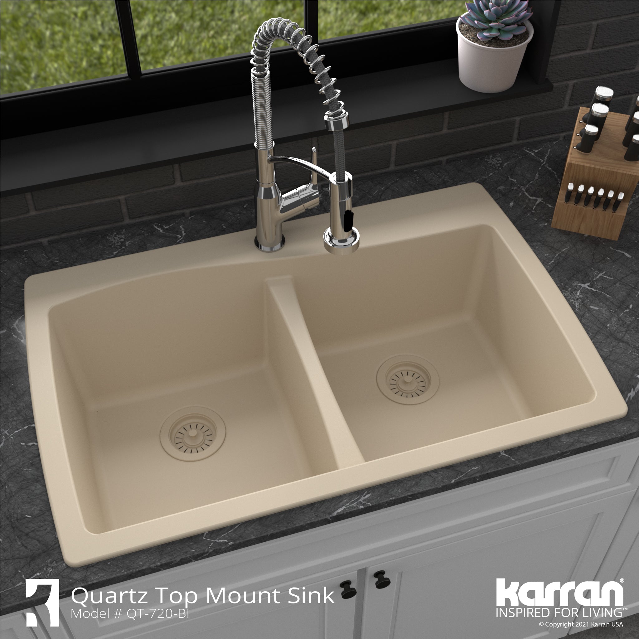 Karran 34" Drop In/Topmount Quartz Composite Kitchen Sink with Accessories, 50/50 Double Bowl, Bisque, QT-720-BI-PK1