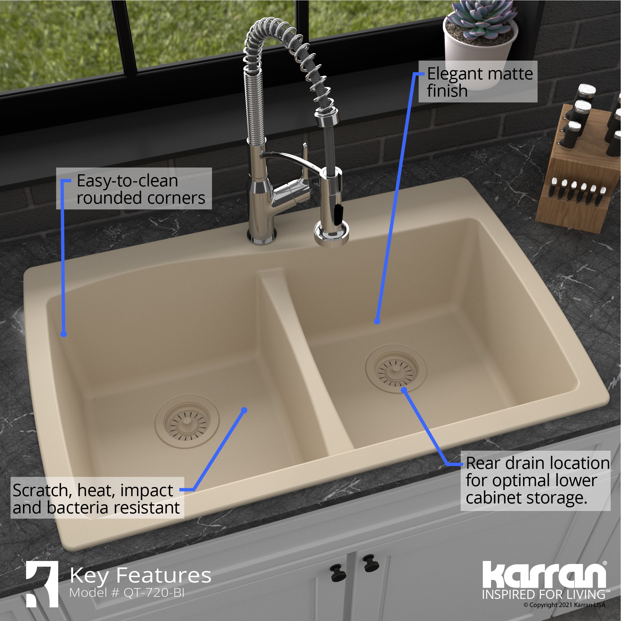 Karran 34" Drop In/Topmount Quartz Composite Kitchen Sink with Accessories, 50/50 Double Bowl, Bisque, QT-720-BI-PK1