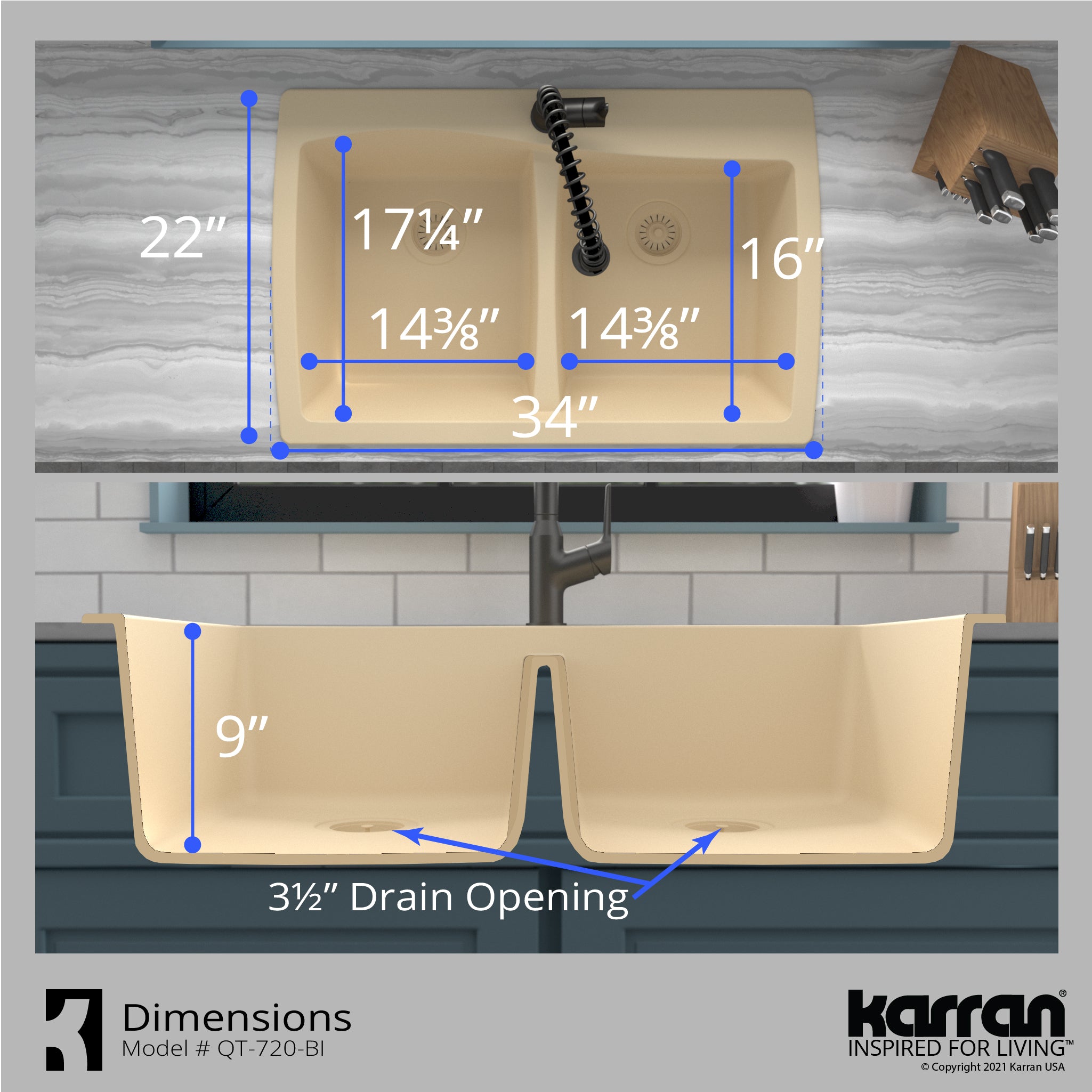 Karran 34" Drop In/Topmount Quartz Composite Kitchen Sink with Accessories, 50/50 Double Bowl, Bisque, QT-720-BI-PK1