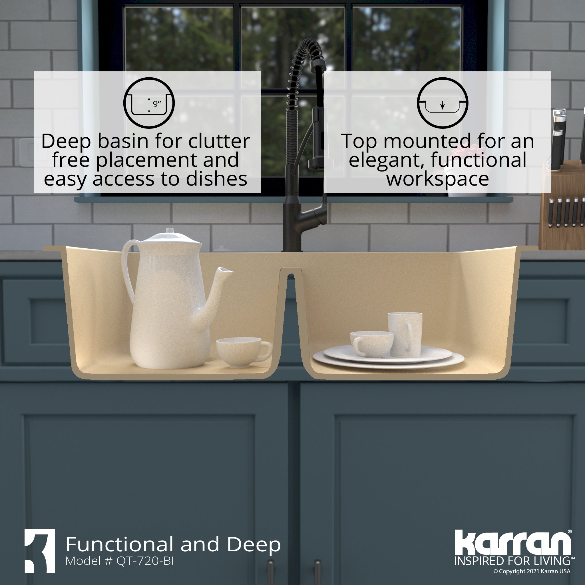 Karran 34" Drop In/Topmount Quartz Composite Kitchen Sink with Accessories, 50/50 Double Bowl, Bisque, QT-720-BI-PK1
