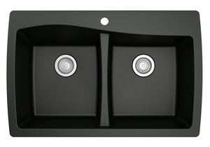 Alternate Image for Karran 34" Drop In/Topmount Quartz Composite Kitchen Sink, 50/50 Double Bowl, Black, QT-720-BL
