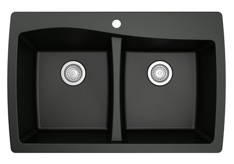 Karran 34" Drop In/Topmount Quartz Composite Kitchen Sink, 50/50 Double Bowl, Black, QT-720-BL