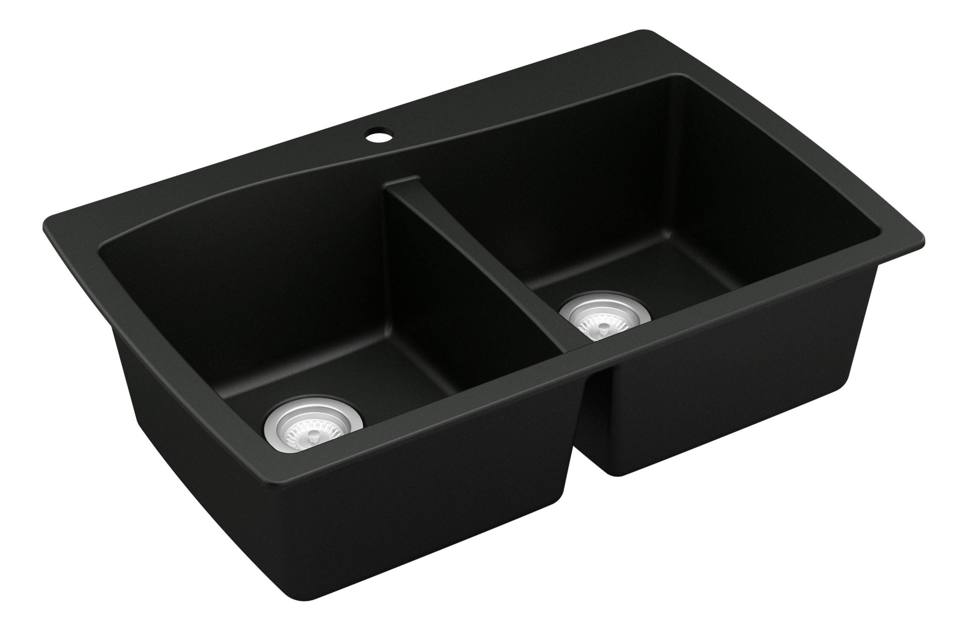 Karran 34" Drop In/Topmount Quartz Composite Kitchen Sink with Accessories, 50/50 Double Bowl, Black, QT-720-BL-PK1