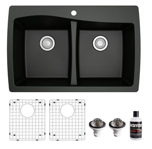 Alternate Image for Karran 34" Drop In/Topmount Quartz Composite Kitchen Sink with Accessories, 50/50 Double Bowl, Black, QT-720-BL-PK1