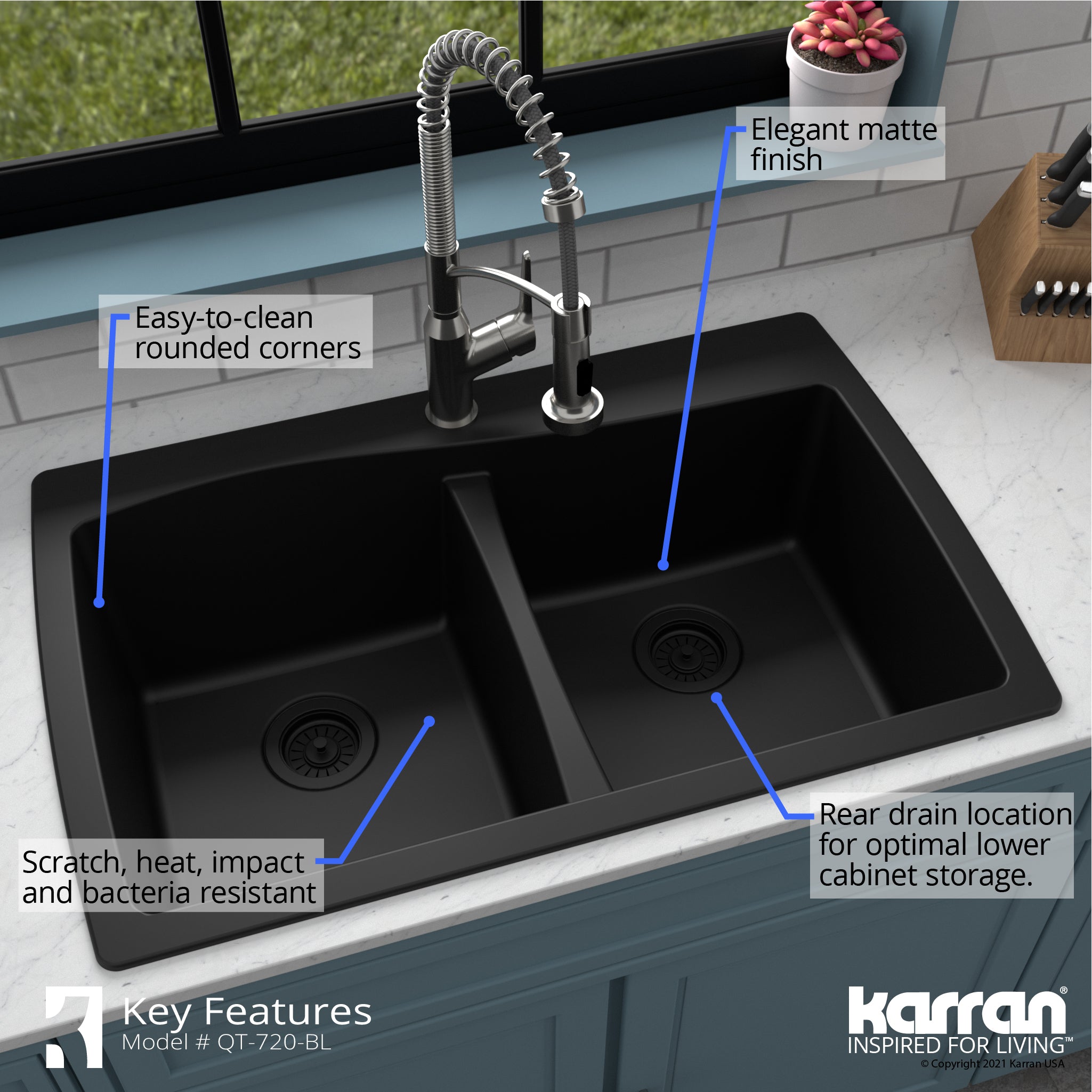 Karran 34" Drop In/Topmount Quartz Composite Kitchen Sink with Accessories, 50/50 Double Bowl, Black, QT-720-BL-PK1
