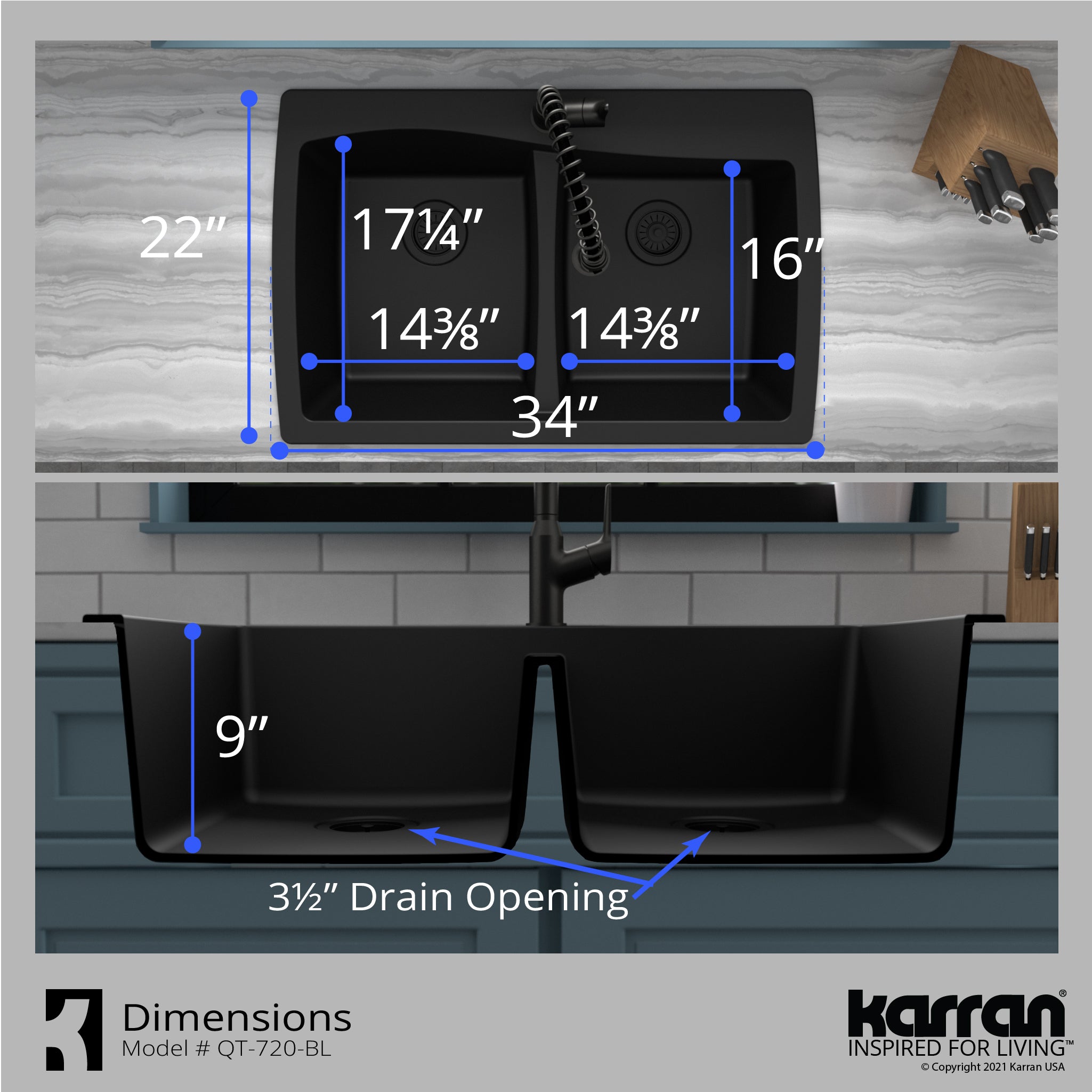Karran 34" Drop In/Topmount Quartz Composite Kitchen Sink with Accessories, 50/50 Double Bowl, Black, QT-720-BL-PK1