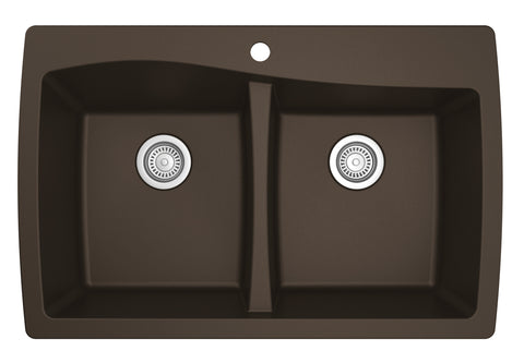 Karran 34" Drop In/Topmount Quartz Composite Kitchen Sink, 50/50 Double Bowl, Brown, QT-720-BR