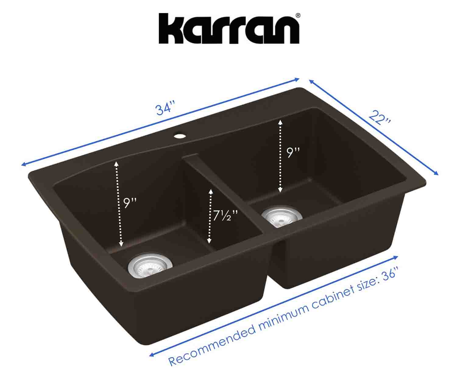 Karran 34" Drop In/Topmount Quartz Composite Kitchen Sink, 50/50 Double Bowl, Brown, QT-720-BR