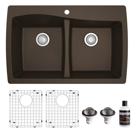 Karran 34" Drop In/Topmount Quartz Composite Kitchen Sink with Accessories, 50/50 Double Bowl, Brown, QT-720-BR-PK1