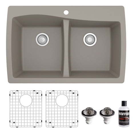 Karran 34" Drop In/Topmount Quartz Composite Kitchen Sink with Accessories, 50/50 Double Bowl, Concrete, QT-720-CN-PK1