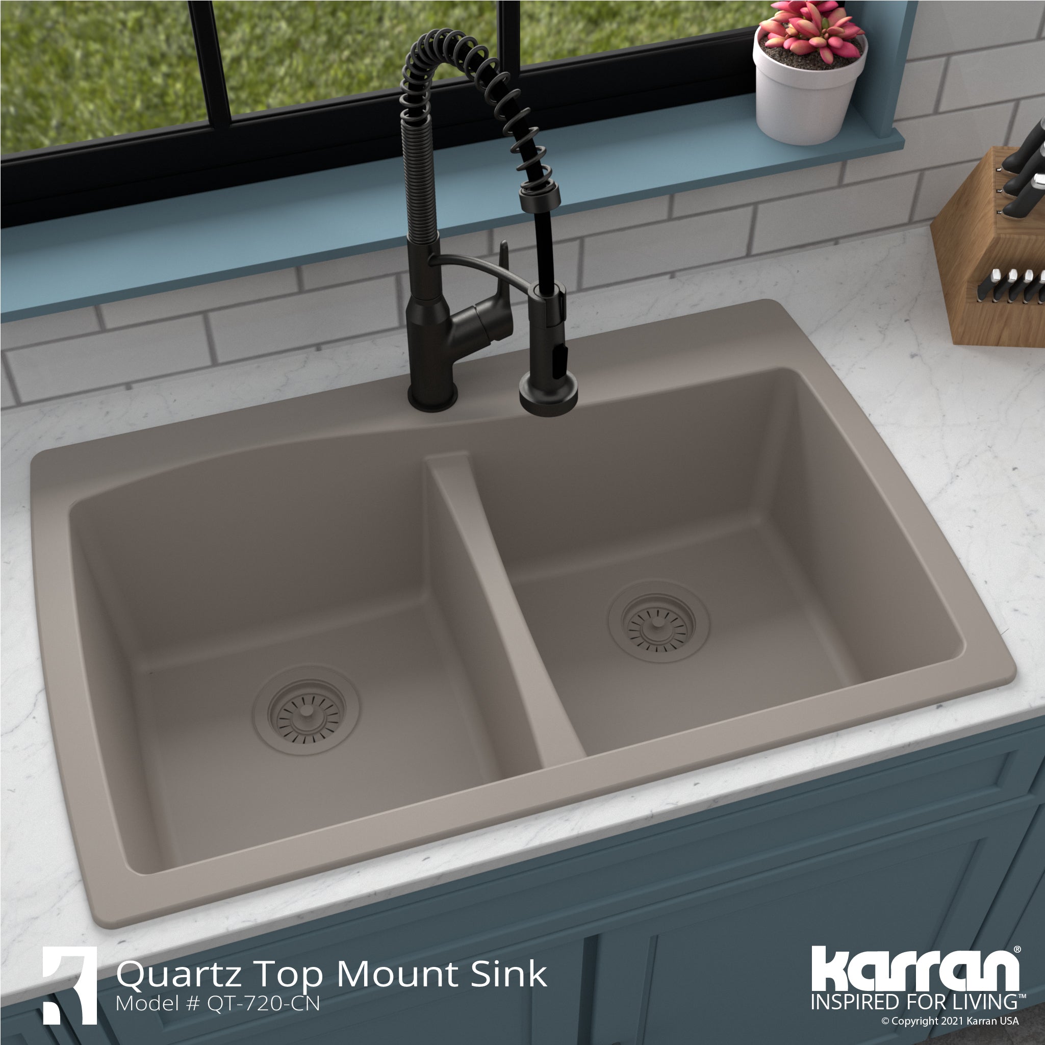 Karran 34" Drop In/Topmount Quartz Composite Kitchen Sink with Accessories, 50/50 Double Bowl, Concrete, QT-720-CN-PK1