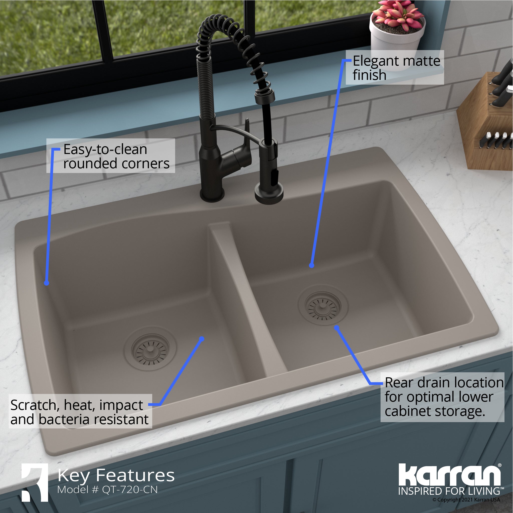 Karran 34" Drop In/Topmount Quartz Composite Kitchen Sink with Accessories, 50/50 Double Bowl, Concrete, QT-720-CN-PK1