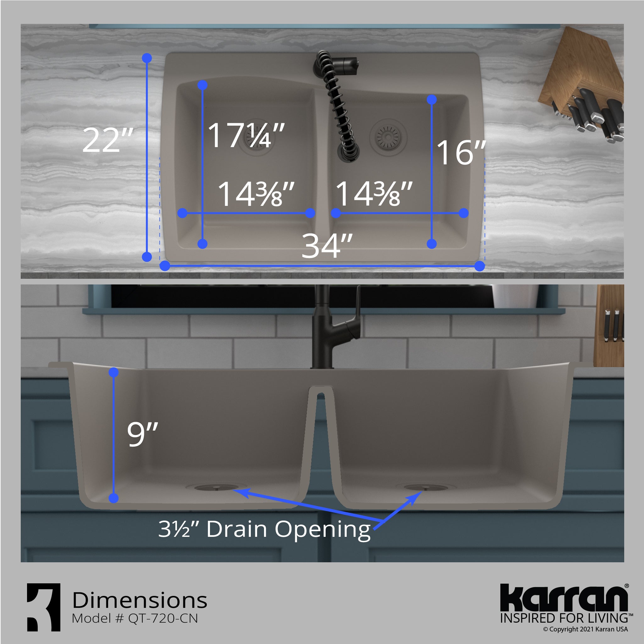 Karran 34" Drop In/Topmount Quartz Composite Kitchen Sink with Accessories, 50/50 Double Bowl, Concrete, QT-720-CN-PK1