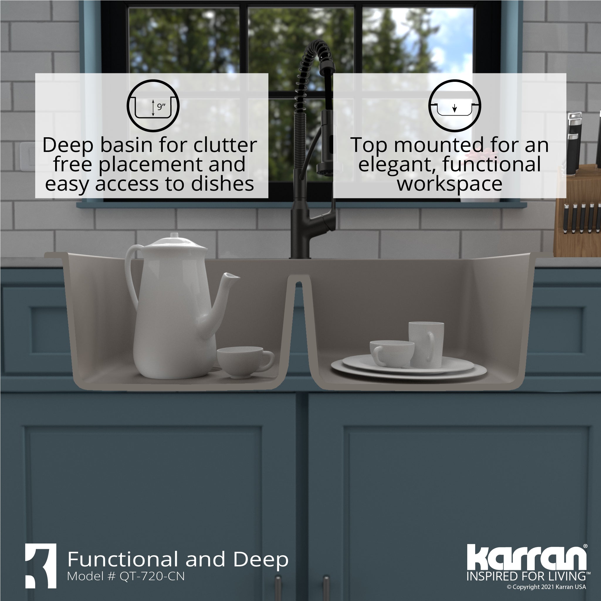 Karran 34" Drop In/Topmount Quartz Composite Kitchen Sink with Accessories, 50/50 Double Bowl, Concrete, QT-720-CN-PK1