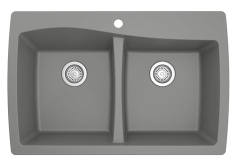 Karran 34" Drop In/Topmount Quartz Composite Kitchen Sink, 50/50 Double Bowl, Grey, QT-720-GR