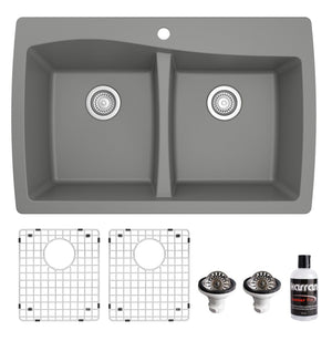 Alternate Image for Karran 34" Drop In/Topmount Quartz Composite Kitchen Sink with Accessories, 50/50 Double Bowl, Grey, QT-720-GR-PK1