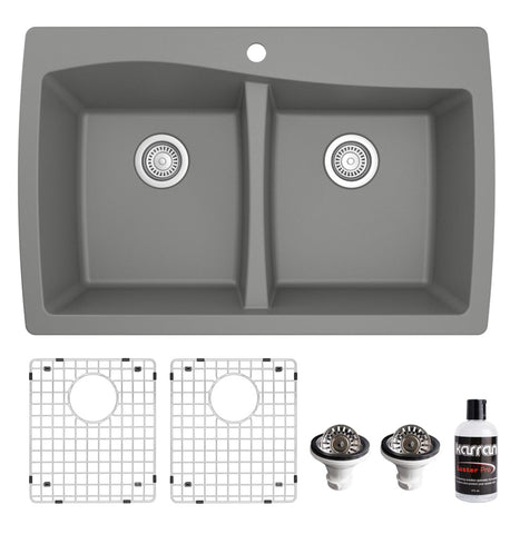 Karran 34" Drop In/Topmount Quartz Composite Kitchen Sink with Accessories, 50/50 Double Bowl, Grey, QT-720-GR-PK1