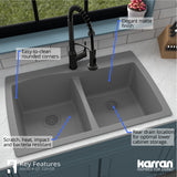 Karran 34" Drop In/Topmount Quartz Composite Kitchen Sink with Accessories, 50/50 Double Bowl, Grey, QT-720-GR-PK1