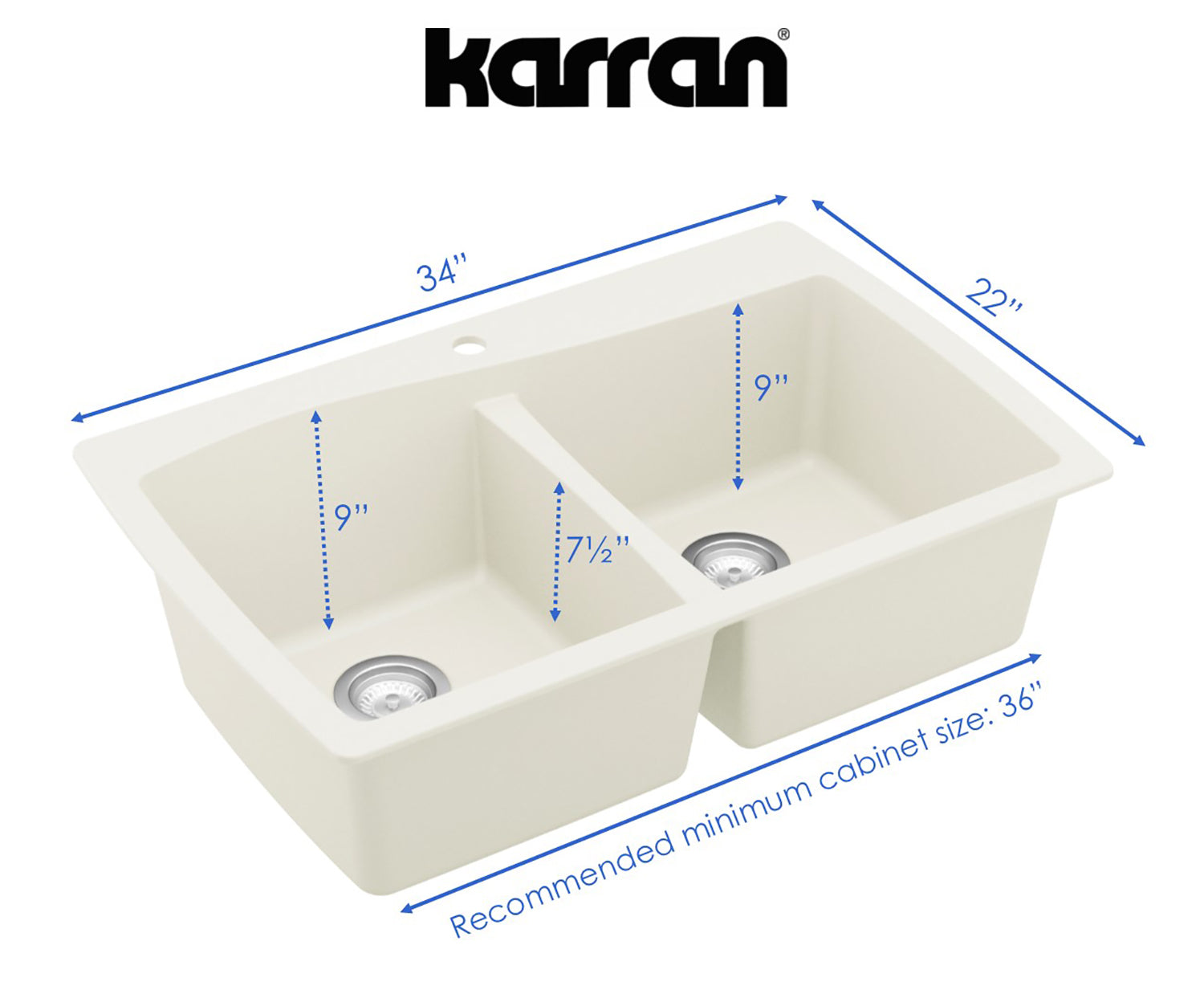 Karran 34" Drop In/Topmount Quartz Composite Kitchen Sink, 50/50 Double Bowl, White, QT-720-WH