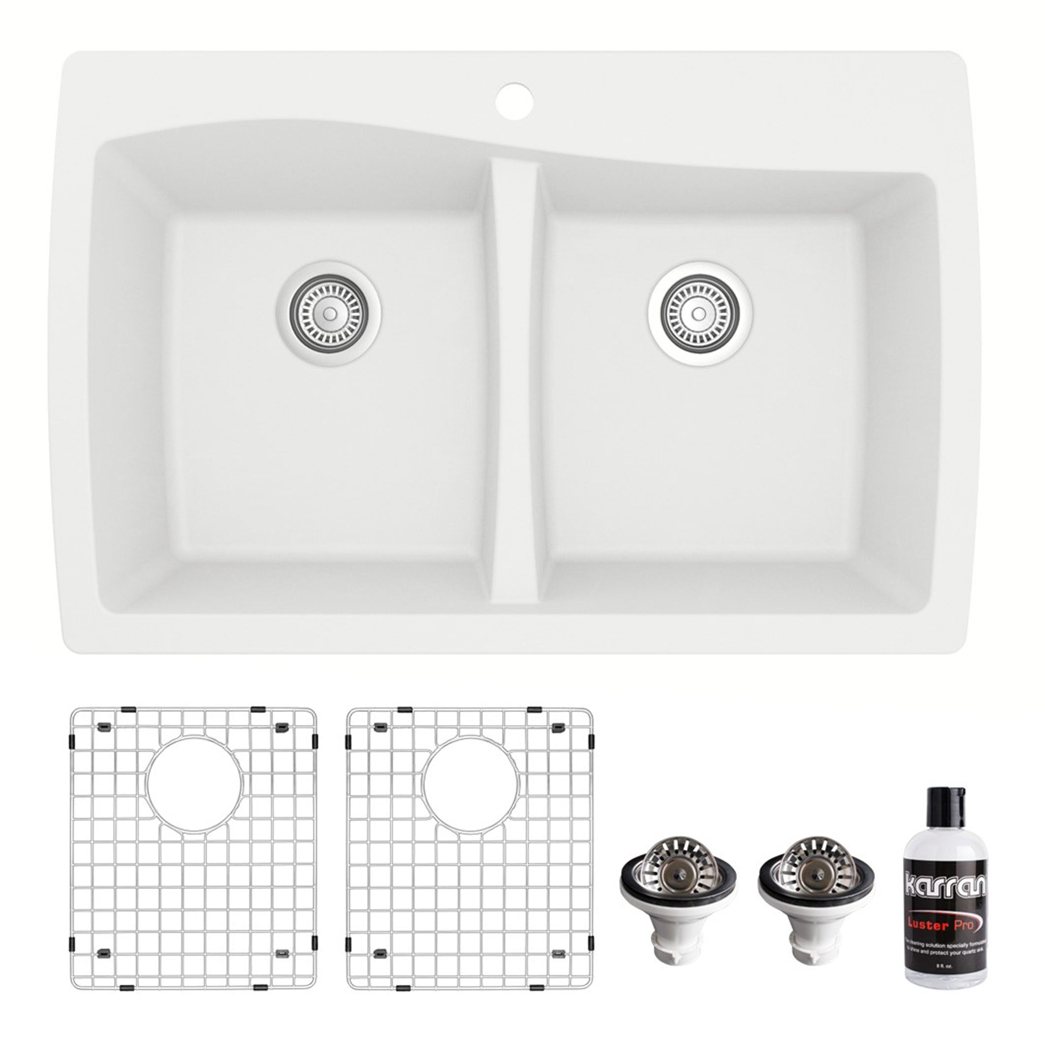 Karran 34" Drop In/Topmount Quartz Composite Kitchen Sink with Accessories, 50/50 Double Bowl, White, QT-720-WH-PK1