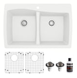 Karran 34" Drop In/Topmount Quartz Composite Kitchen Sink with Accessories, 50/50 Double Bowl, White, QT-720-WH-PK1