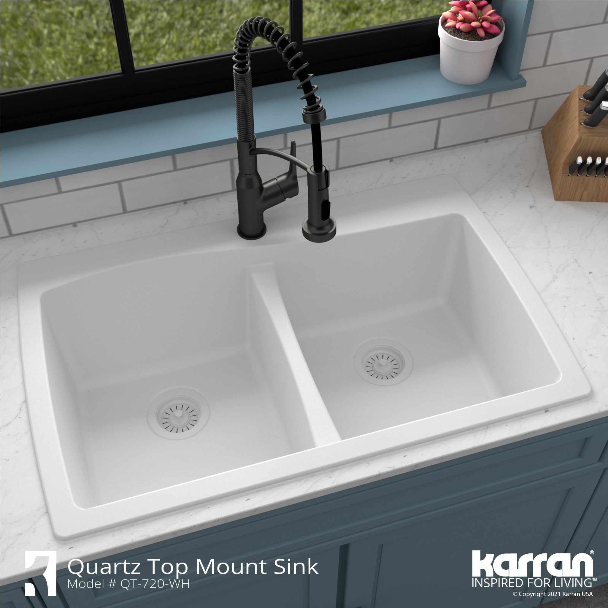 Karran 34" Drop In/Topmount Quartz Composite Kitchen Sink with Accessories, 50/50 Double Bowl, White, QT-720-WH-PK1