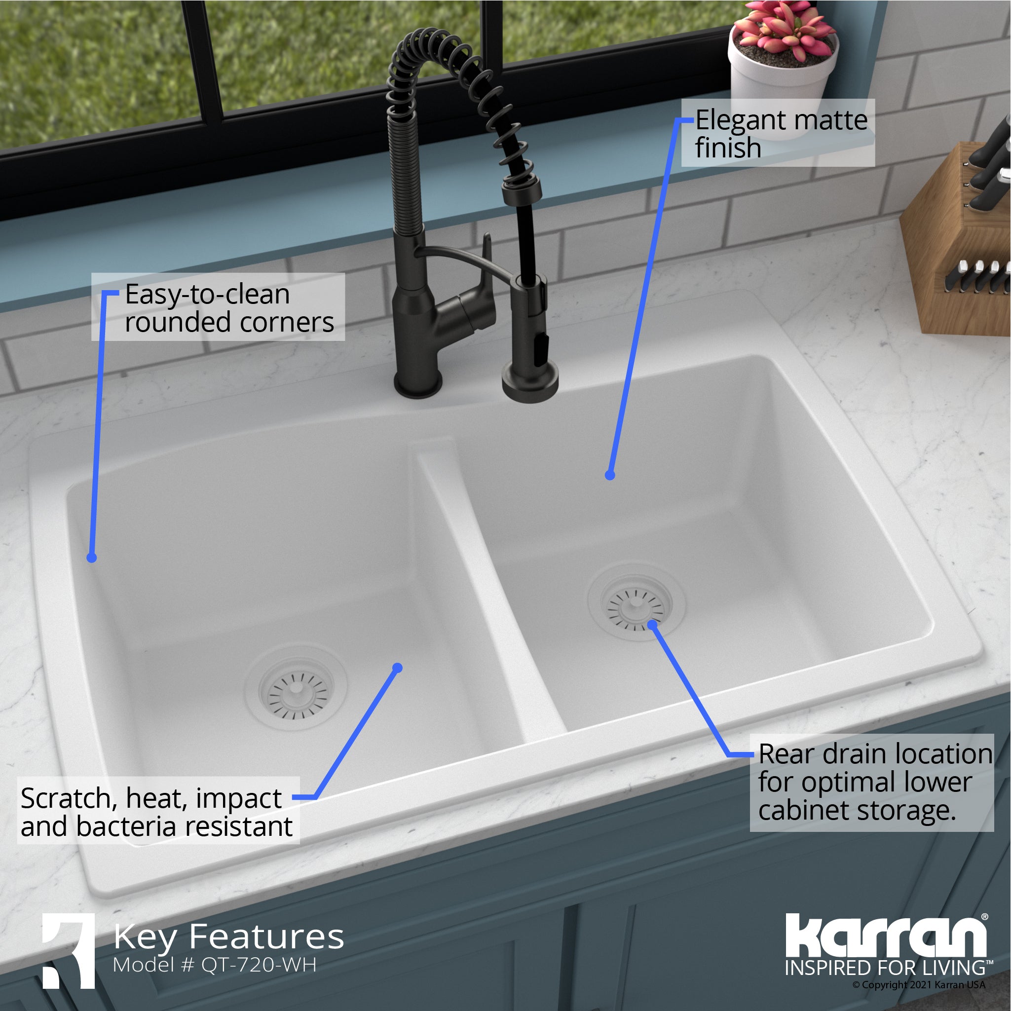 Karran 34" Drop In/Topmount Quartz Composite Kitchen Sink with Accessories, 50/50 Double Bowl, White, QT-720-WH-PK1