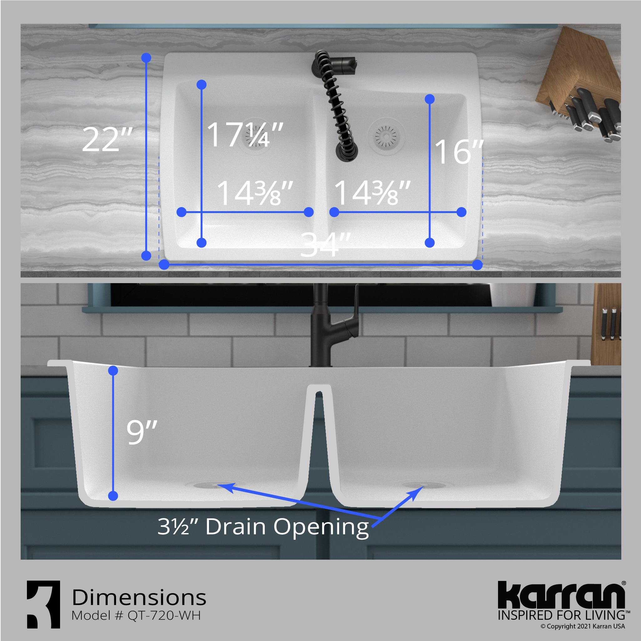 Karran 34" Drop In/Topmount Quartz Composite Kitchen Sink with Accessories, 50/50 Double Bowl, White, QT-720-WH-PK1