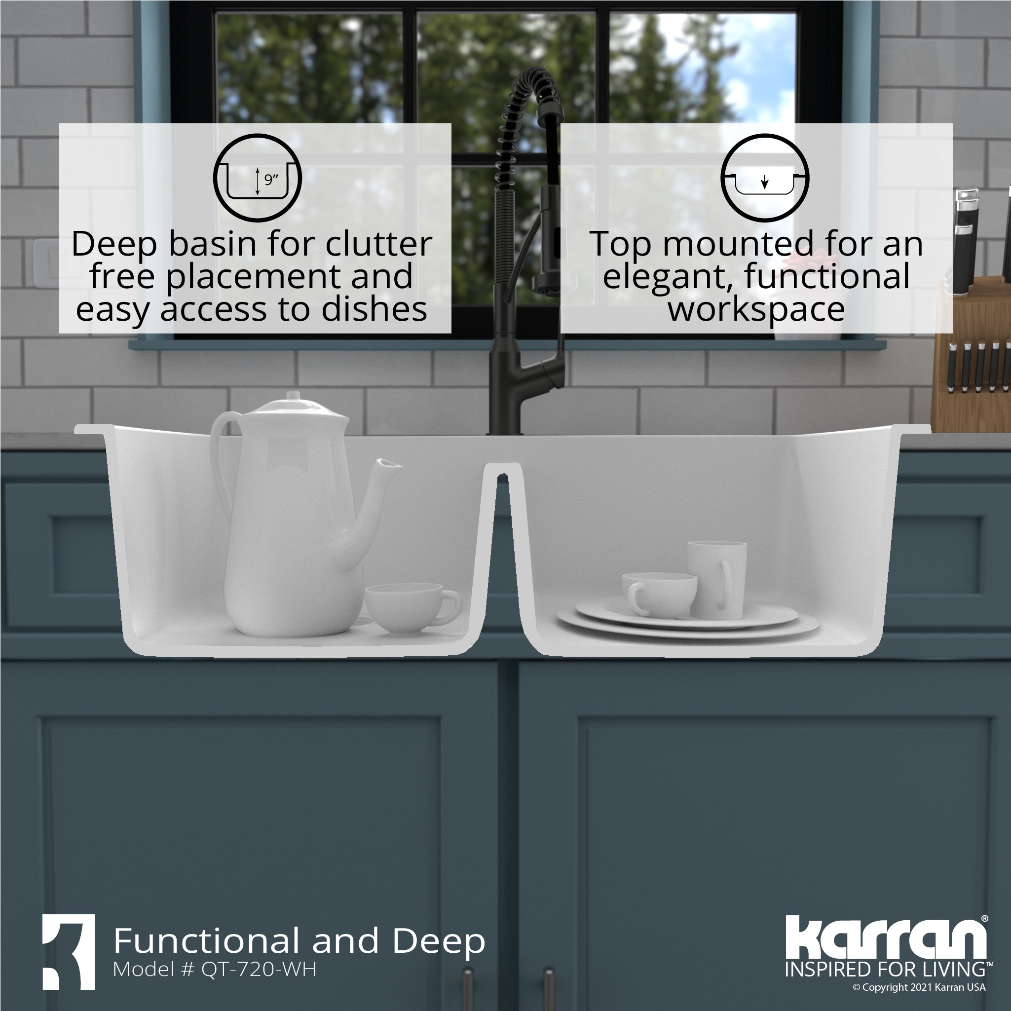 Karran 34" Drop In/Topmount Quartz Composite Kitchen Sink with Accessories, 50/50 Double Bowl, White, QT-720-WH-PK1