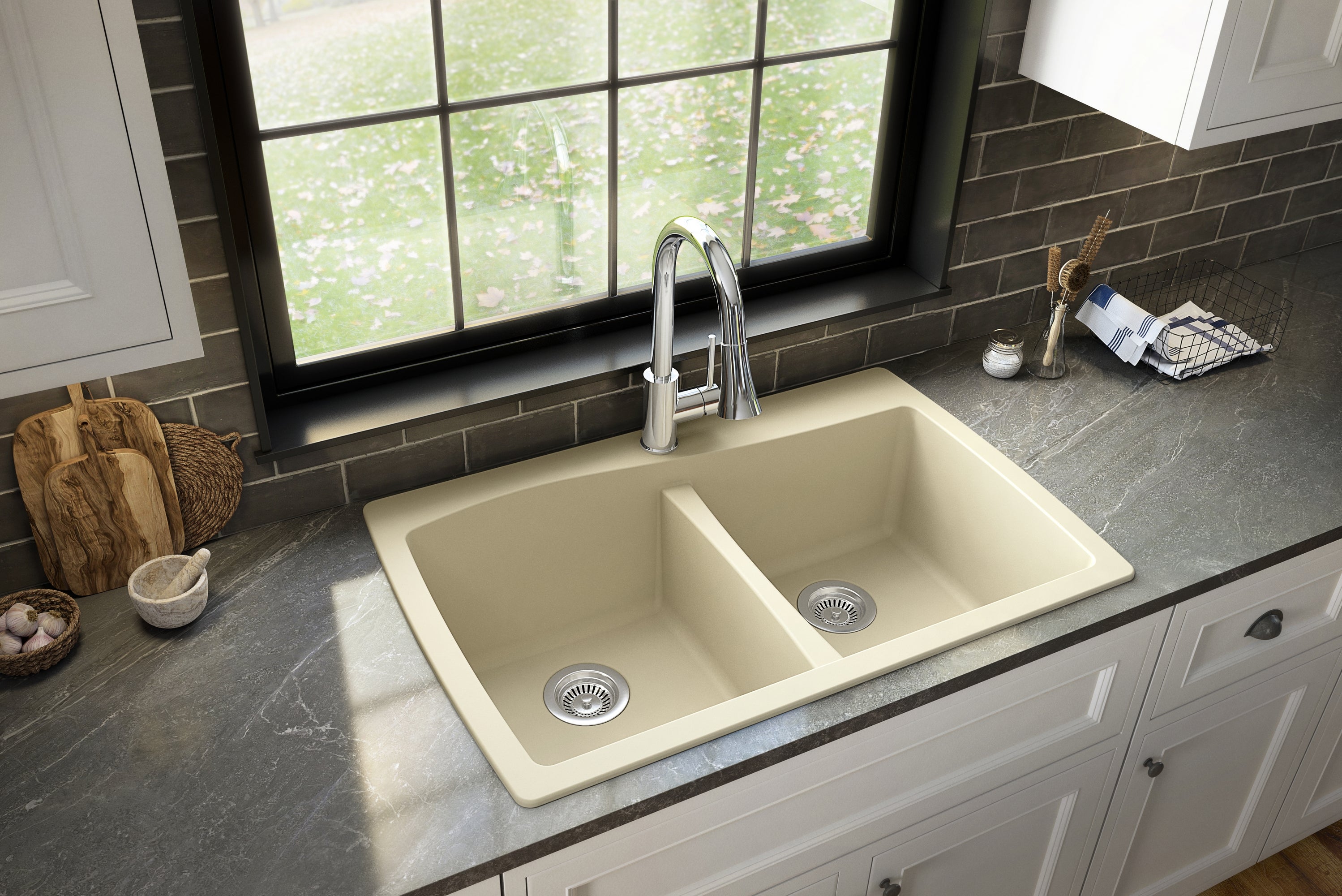 Karran 34" Drop In/Topmount Quartz Composite Kitchen Sink with Accessories, 50/50 Double Bowl, Bisque, QT-720-BI-PK1