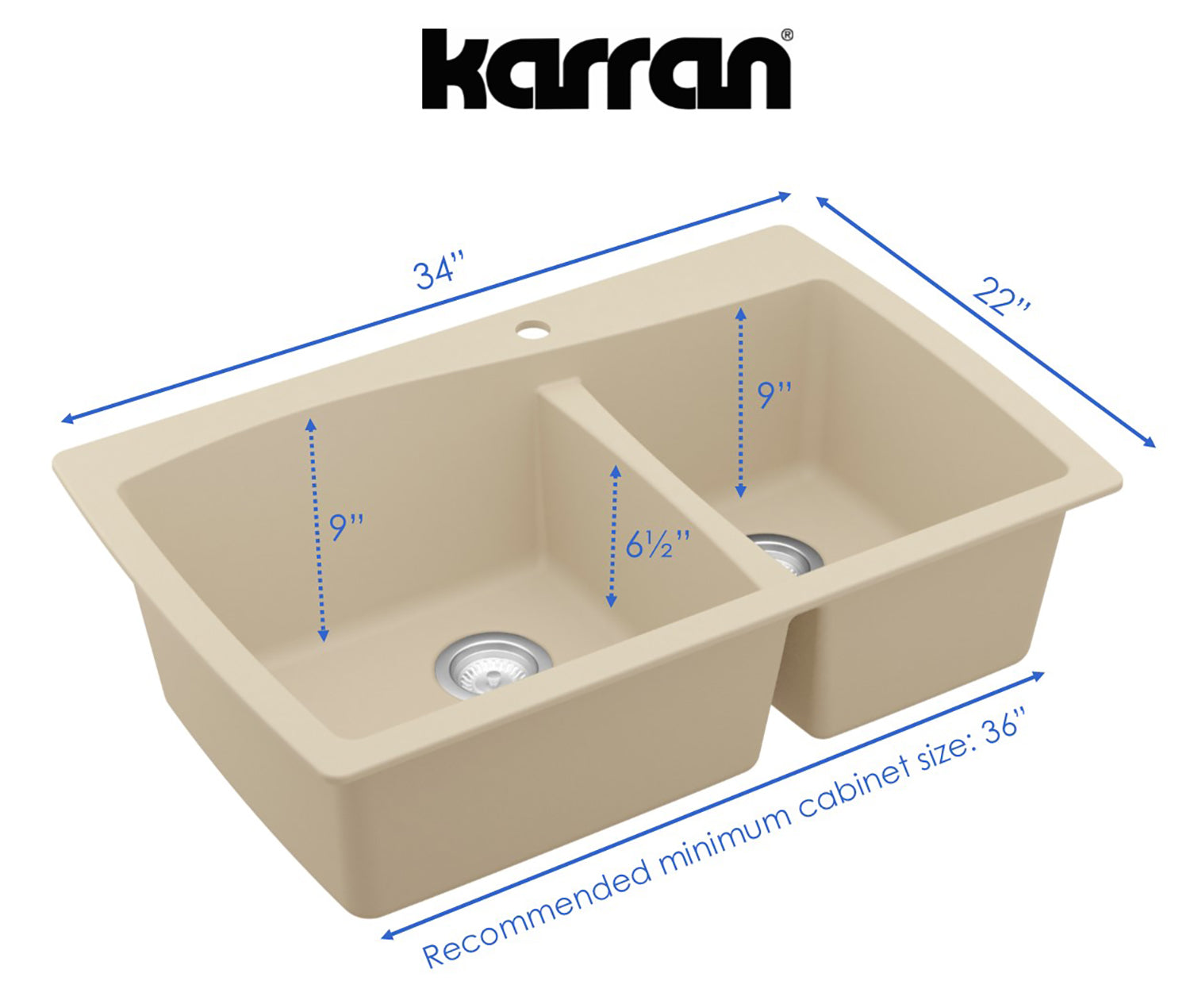 Karran 34" Drop In/Topmount Quartz Composite Kitchen Sink, 60/40 Double Bowl, Bisque, QT-721-BI