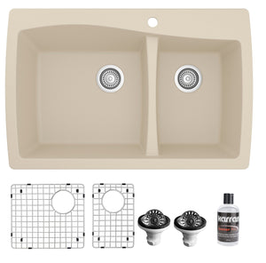 Alternate Image for Karran 34" Drop In/Topmount Quartz Composite Kitchen Sink with Accessories, 60/40 Double Bowl, Bisque, QT-721-BI-PK1