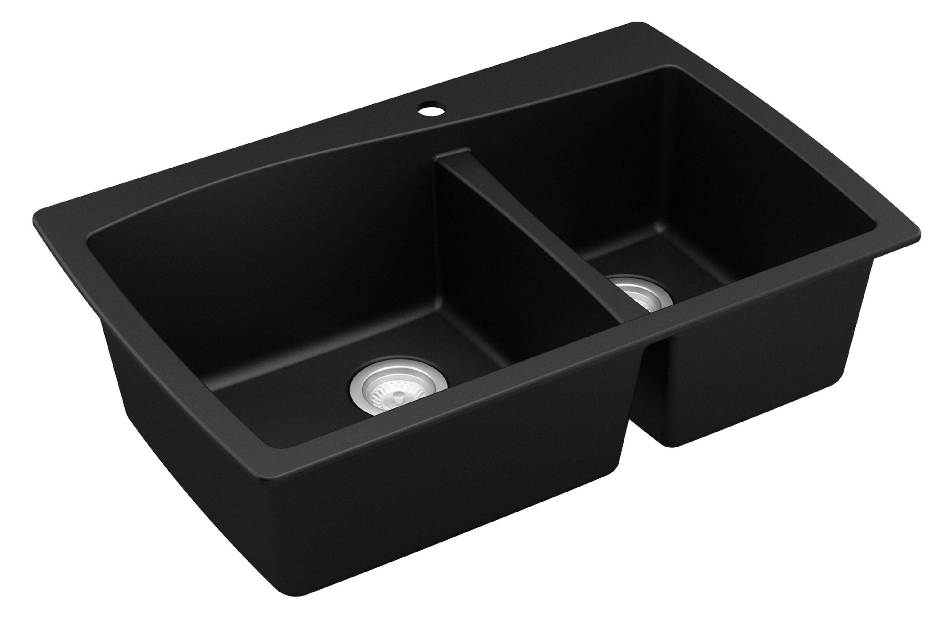 Karran 34" Drop In/Topmount Quartz Composite Kitchen Sink with Accessories, 60/40 Double Bowl, Black, QT-721-BL-PK1