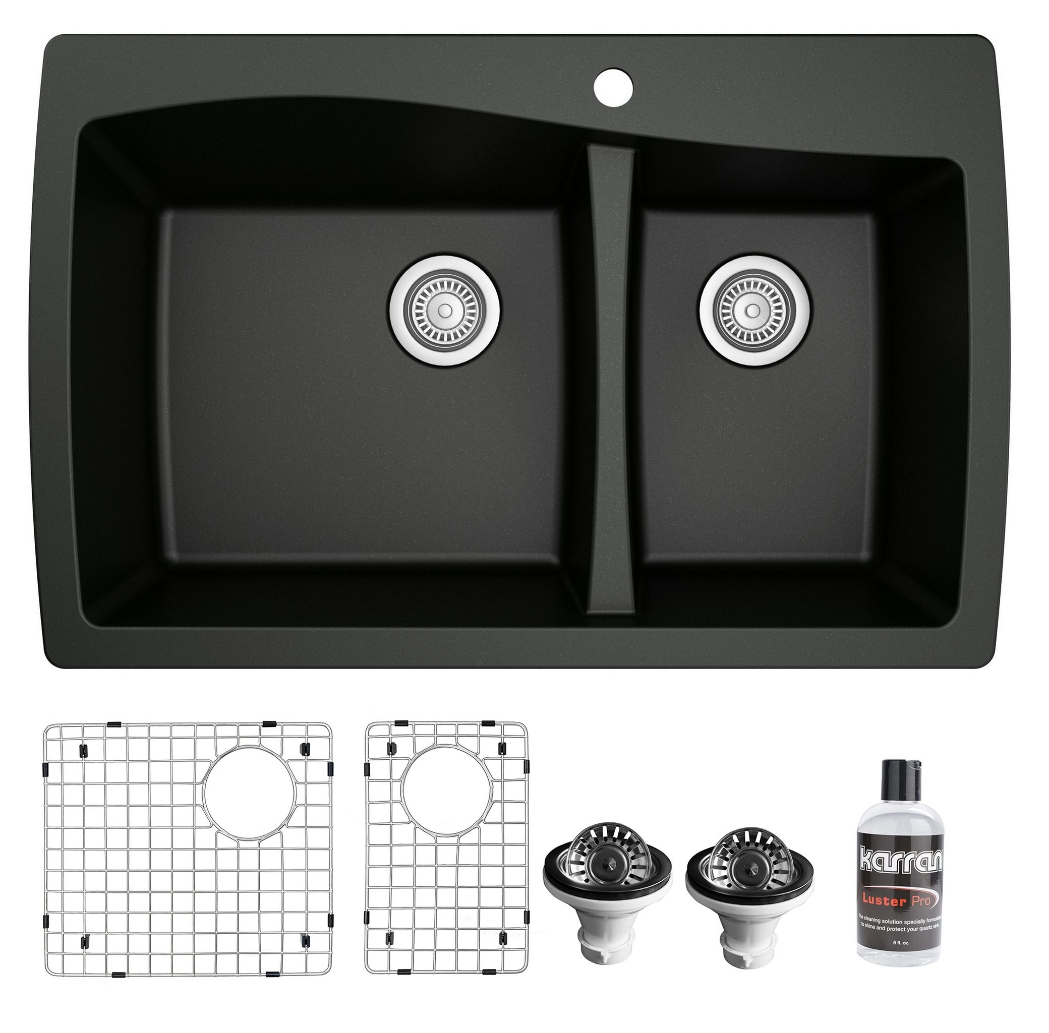 Karran 34" Drop In/Topmount Quartz Composite Kitchen Sink with Accessories, 60/40 Double Bowl, Black, QT-721-BL-PK1