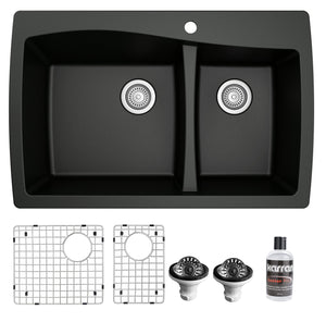 Alternate Image for Karran 34" Drop In/Topmount Quartz Composite Kitchen Sink with Accessories, 60/40 Double Bowl, Black, QT-721-BL-PK1