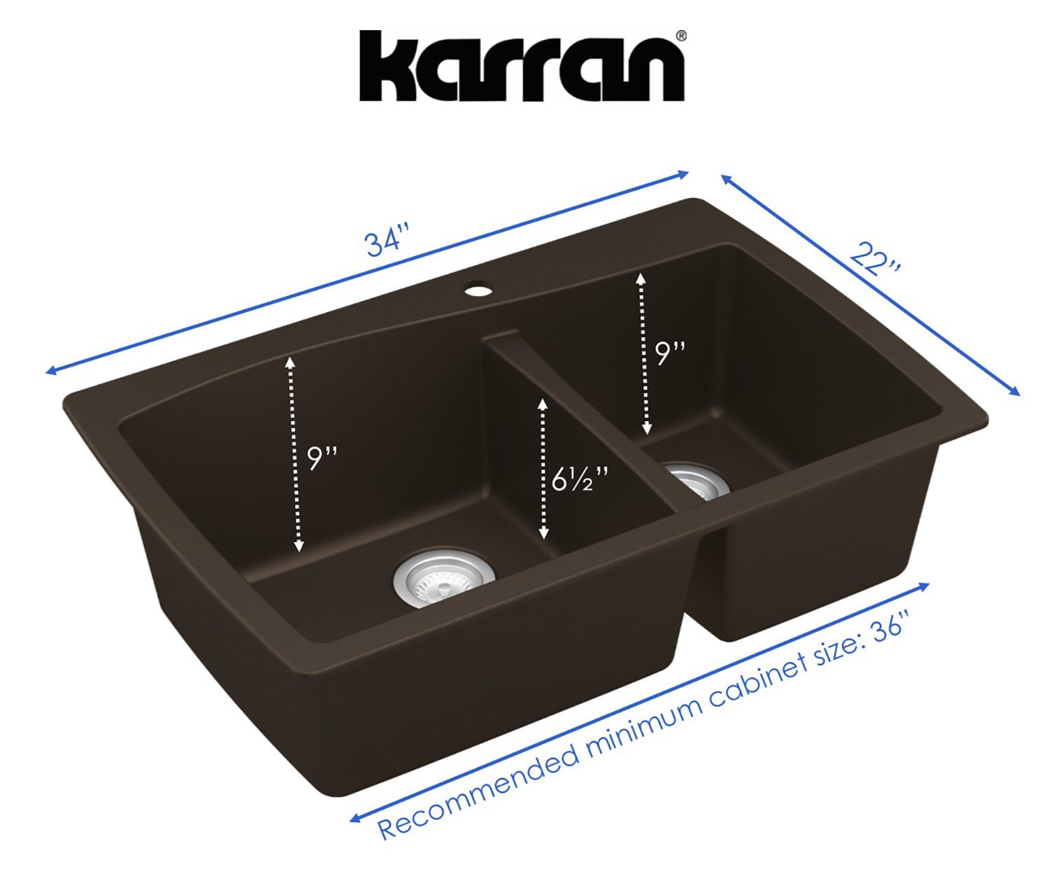 Karran 34" Drop In/Topmount Quartz Composite Kitchen Sink, 60/40 Double Bowl, Brown, QT-721-BR
