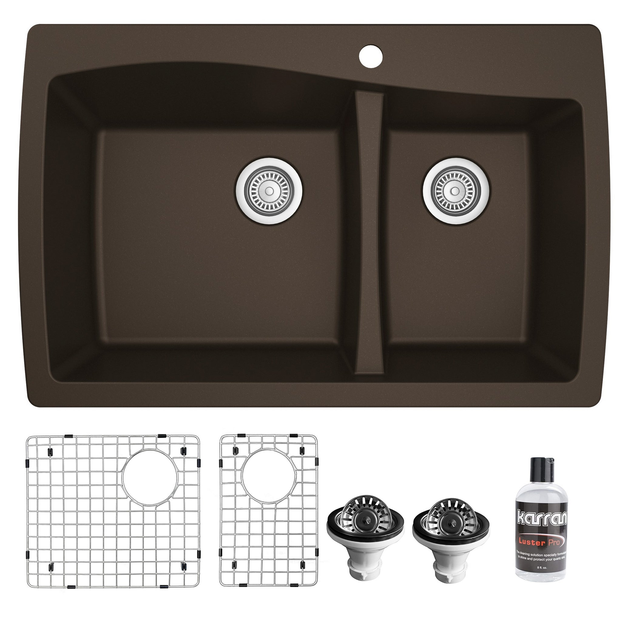 Karran 34" Drop In/Topmount Quartz Composite Kitchen Sink with Accessories, 60/40 Double Bowl, Brown, QT-721-BR-PK1