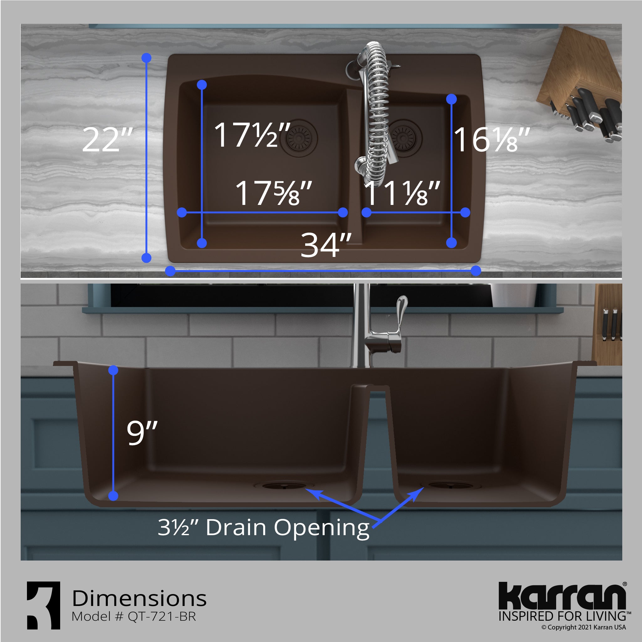Karran 34" Drop In/Topmount Quartz Composite Kitchen Sink with Accessories, 60/40 Double Bowl, Brown, QT-721-BR-PK1