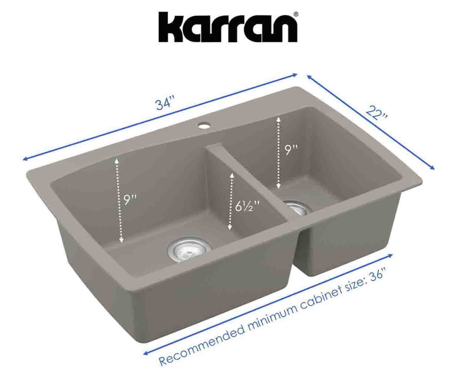 Karran 34" Drop In/Topmount Quartz Composite Kitchen Sink, 60/40 Double Bowl, Concrete, QT-721-CN
