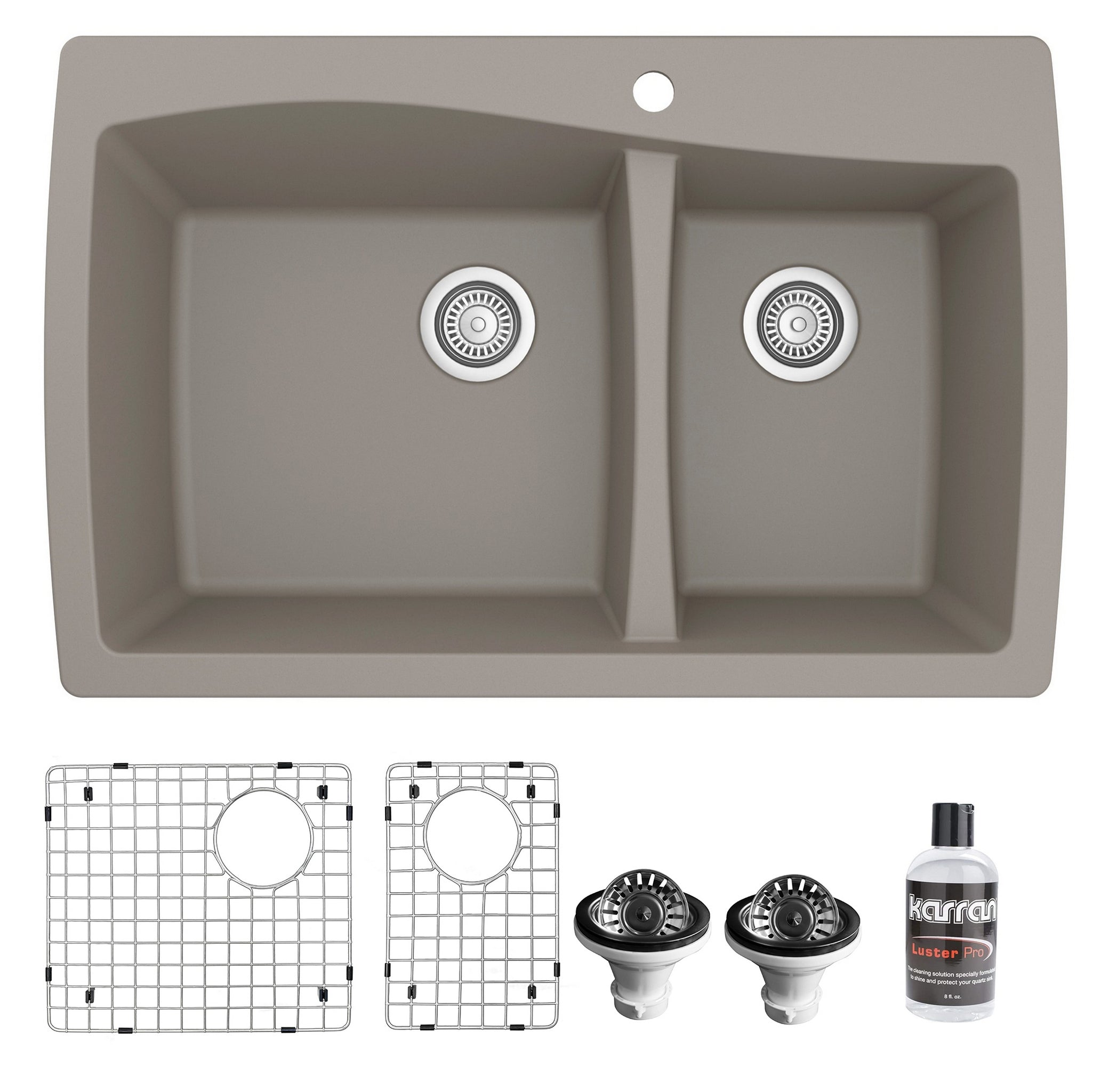Karran 34" Drop In/Topmount Quartz Composite Kitchen Sink with Accessories, 60/40 Double Bowl, Concrete, QT-721-CN-PK1