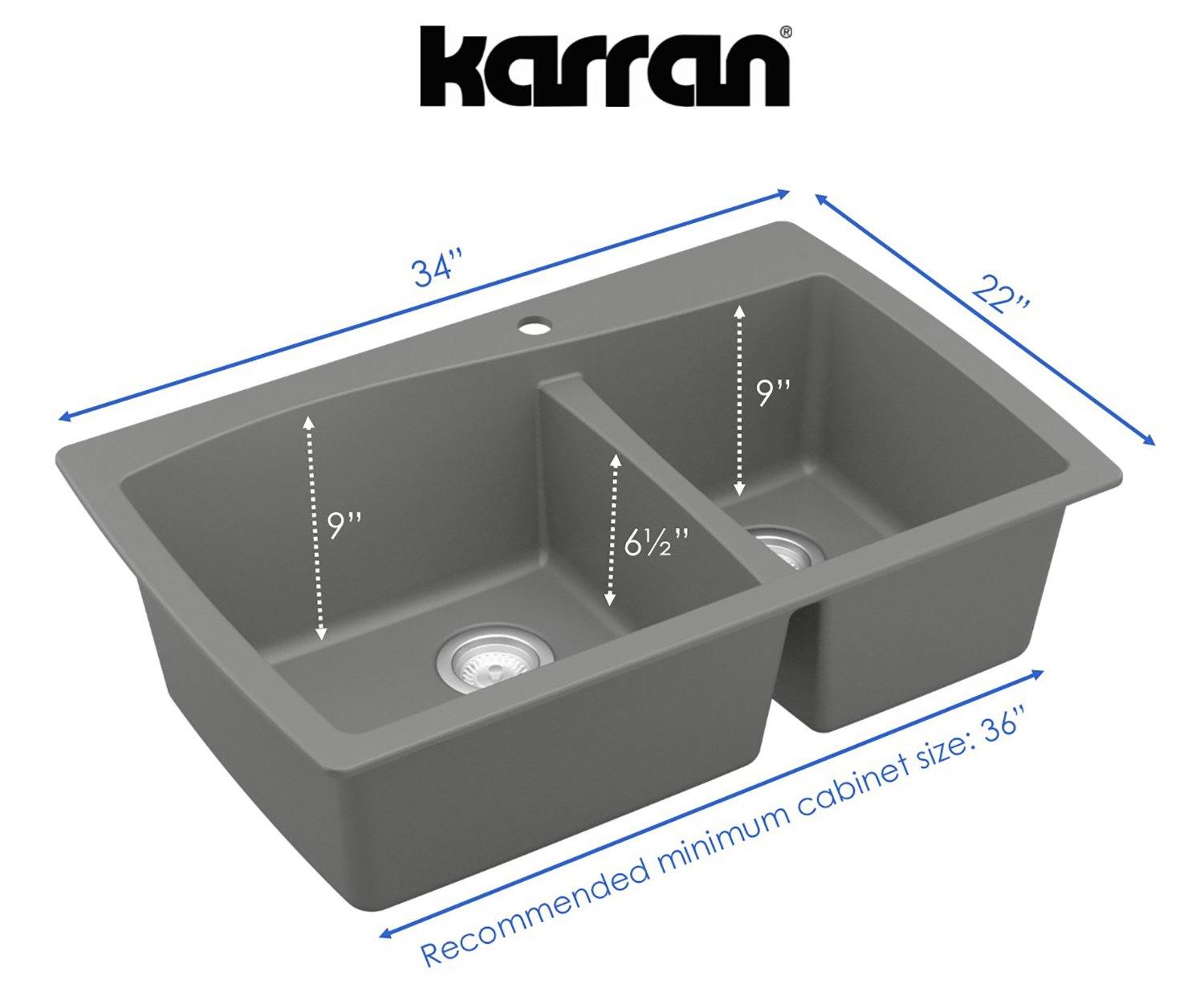Karran 34" Drop In/Topmount Quartz Composite Kitchen Sink, 60/40 Double Bowl, Grey, QT-721-GR