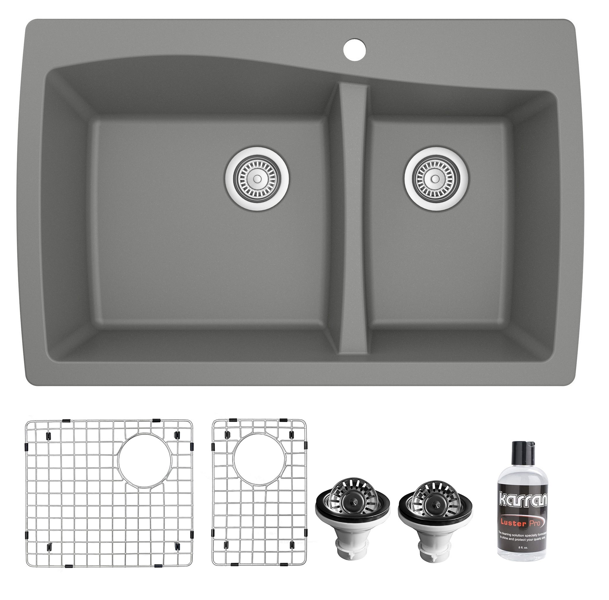 Karran 34" Drop In/Topmount Quartz Composite Kitchen Sink with Accessories, 60/40 Double Bowl, Grey, QT-721-GR-PK1
