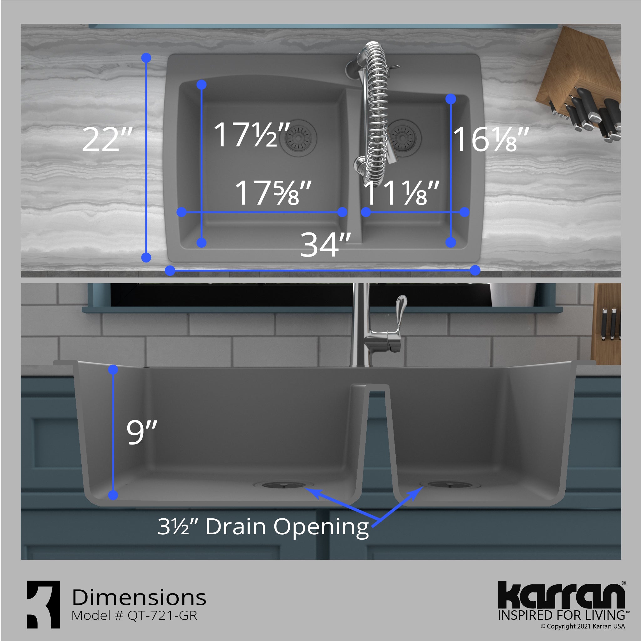 Karran 34" Drop In/Topmount Quartz Composite Kitchen Sink with Accessories, 60/40 Double Bowl, Grey, QT-721-GR-PK1