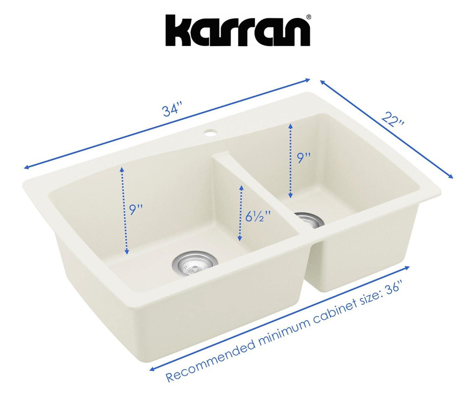 Karran 34" Drop In/Topmount Quartz Composite Kitchen Sink, 60/40 Double Bowl, White, QT-721-WH
