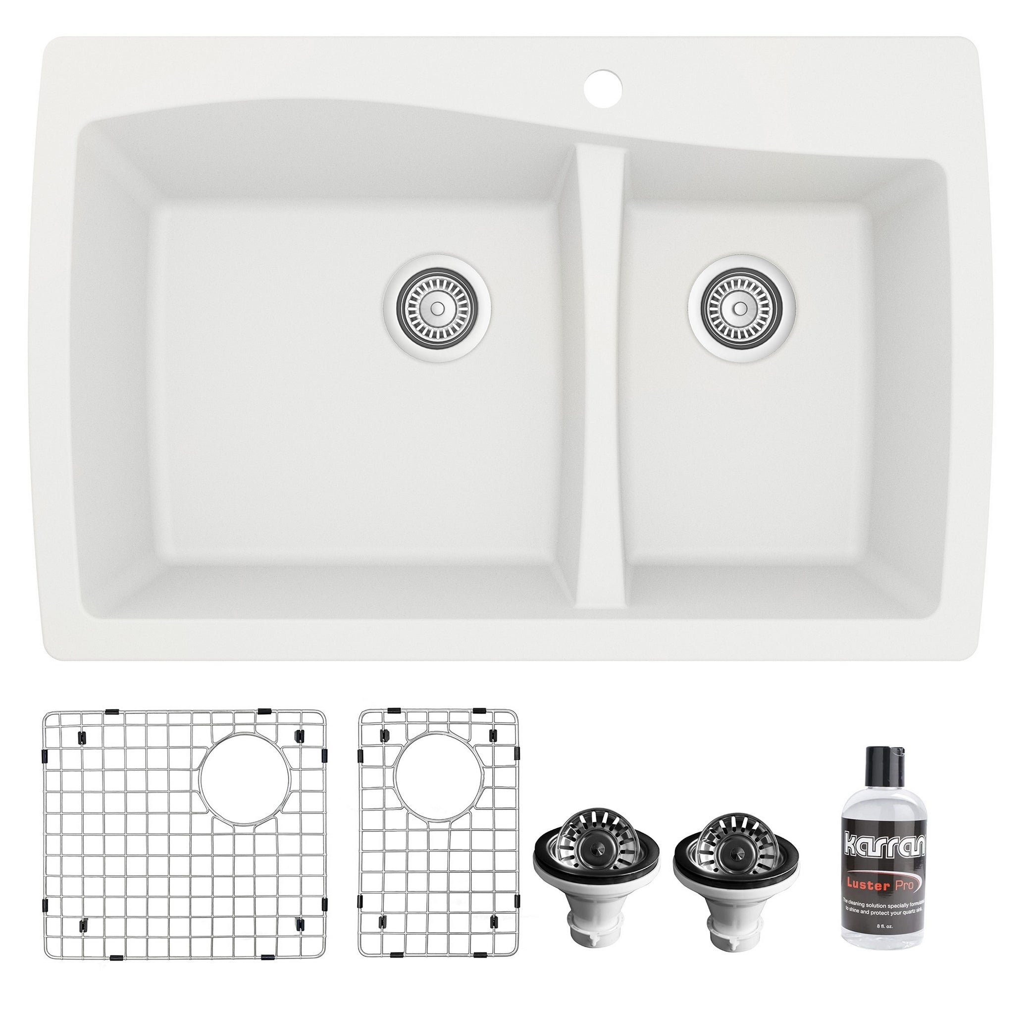 Karran 34" Drop In/Topmount Quartz Composite Kitchen Sink with Accessories, 60/40 Double Bowl, White, QT-721-WH-PK1