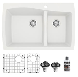 Alternate Image for Karran 34" Drop In/Topmount Quartz Composite Kitchen Sink with Accessories, 60/40 Double Bowl, White, QT-721-WH-PK1