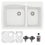 Karran 34" Drop In/Topmount Quartz Composite Kitchen Sink with Accessories, 60/40 Double Bowl, White, QT-721-WH-PK1