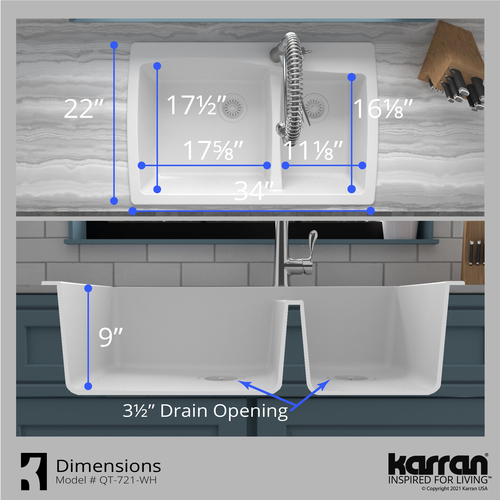 Karran 34" Drop In/Topmount Quartz Composite Kitchen Sink with Accessories, 60/40 Double Bowl, White, QT-721-WH-PK1