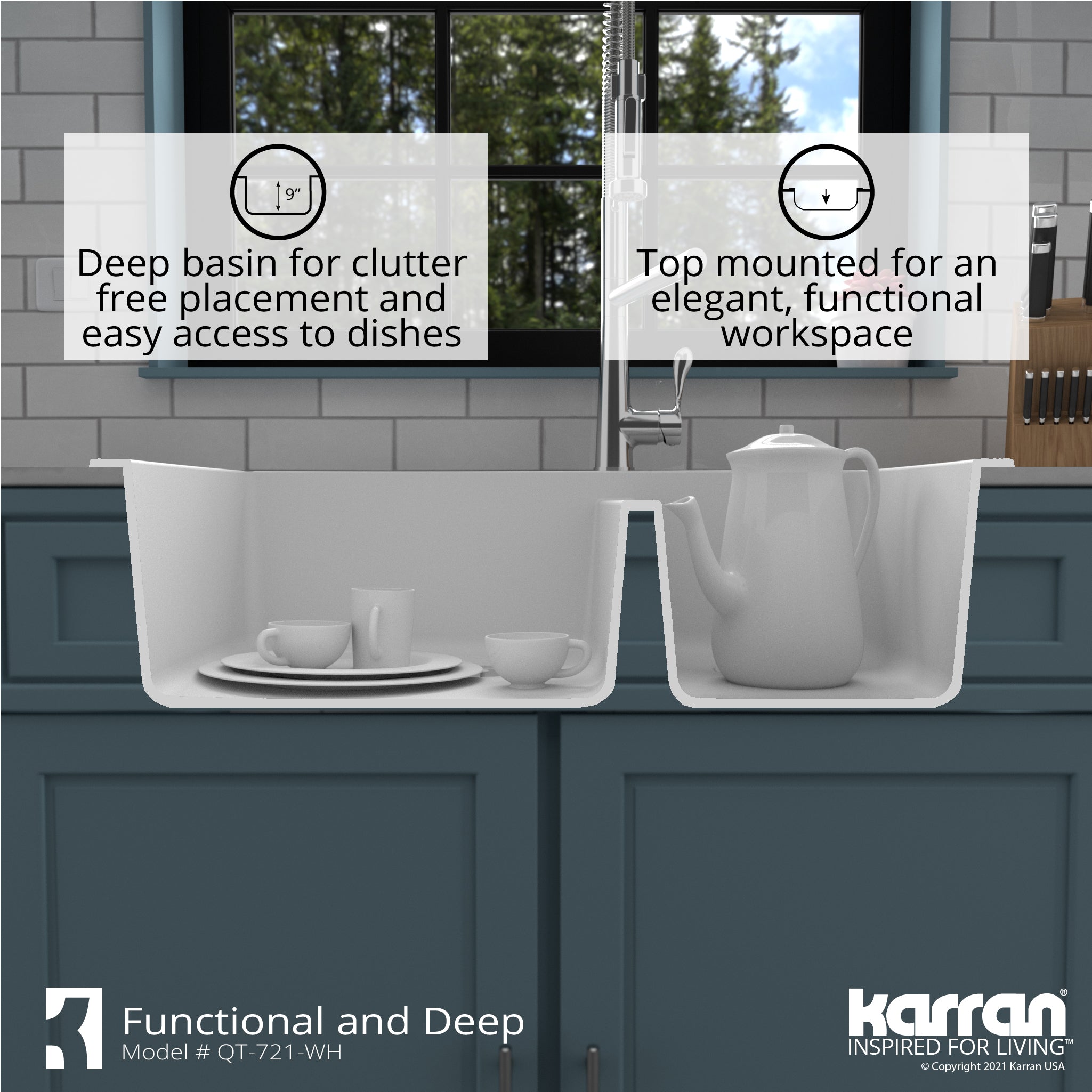 Karran 34" Drop In/Topmount Quartz Composite Kitchen Sink with Accessories, 60/40 Double Bowl, White, QT-721-WH-PK1